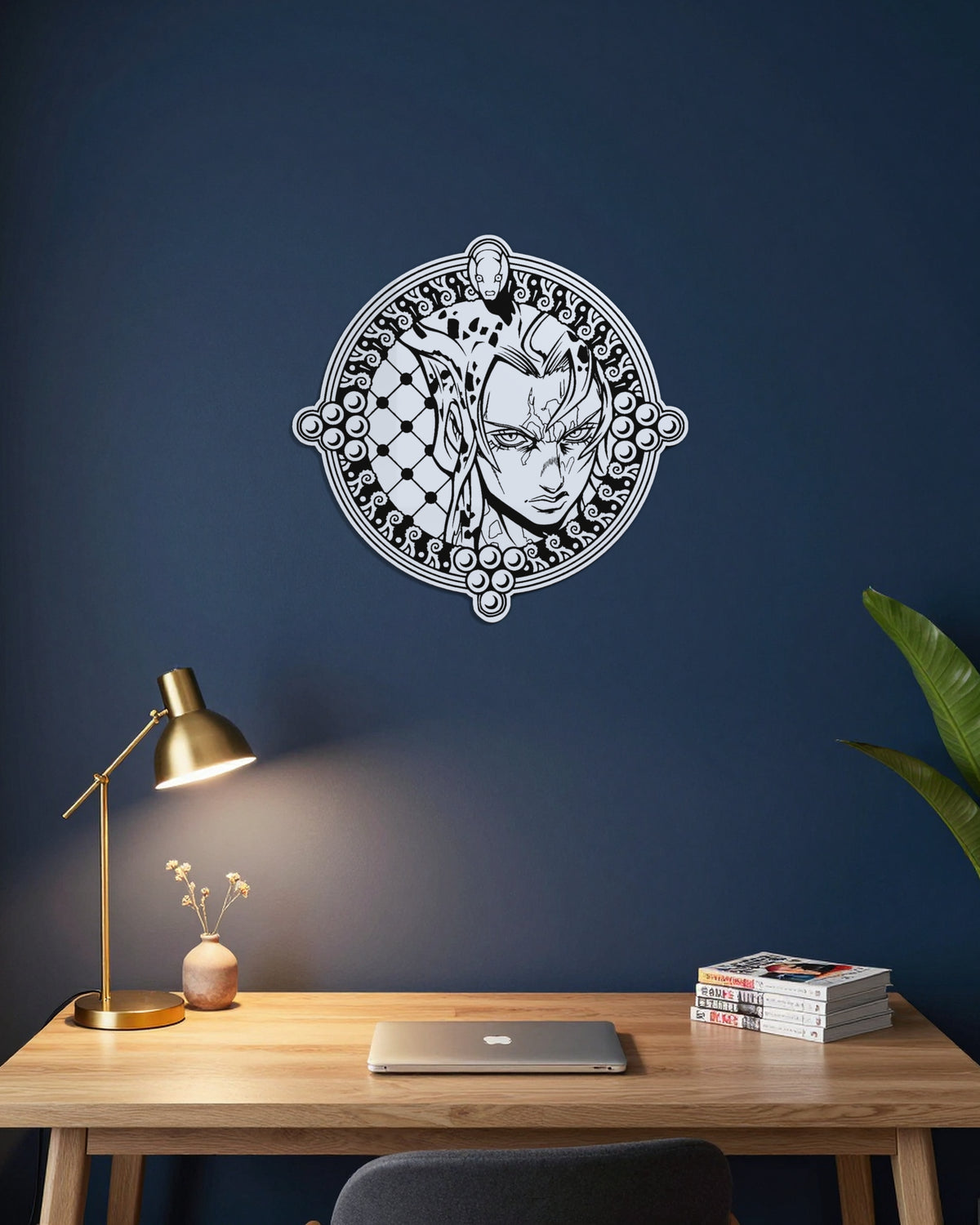 Miroir Diavolo gravé, au mur — bureau bleu