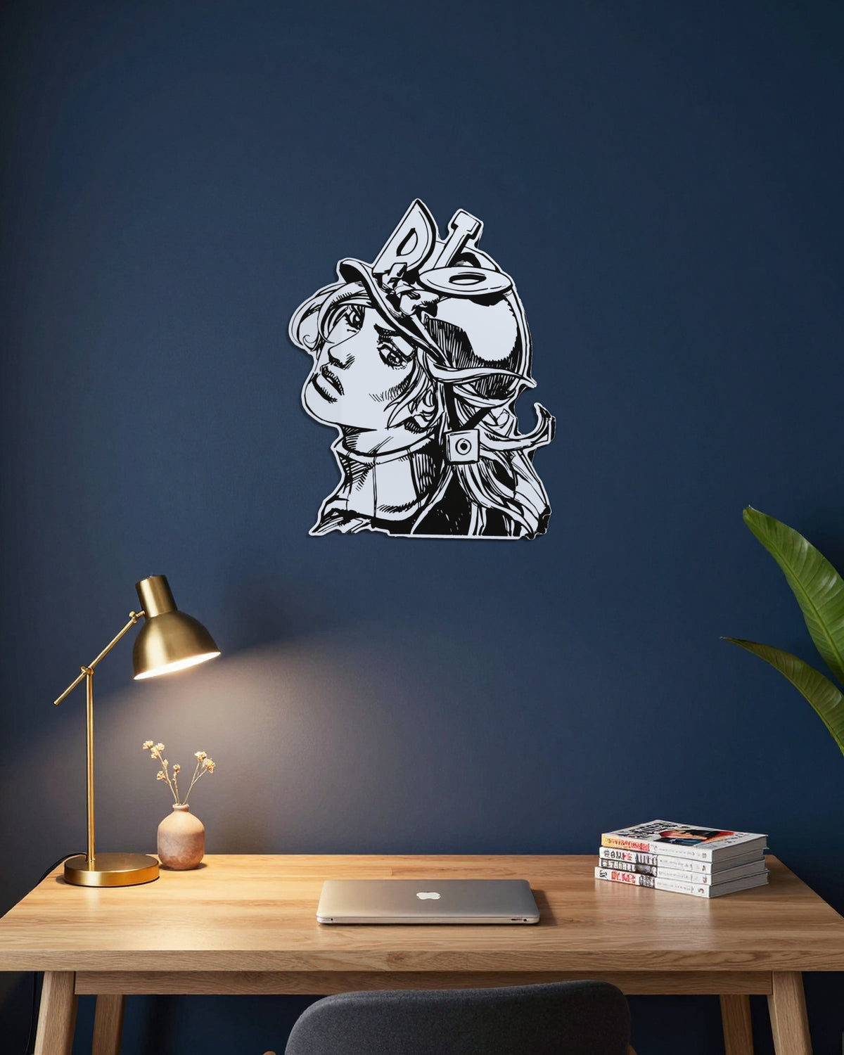 Miroir Diego Brando gravé, au mur — bureau bleu