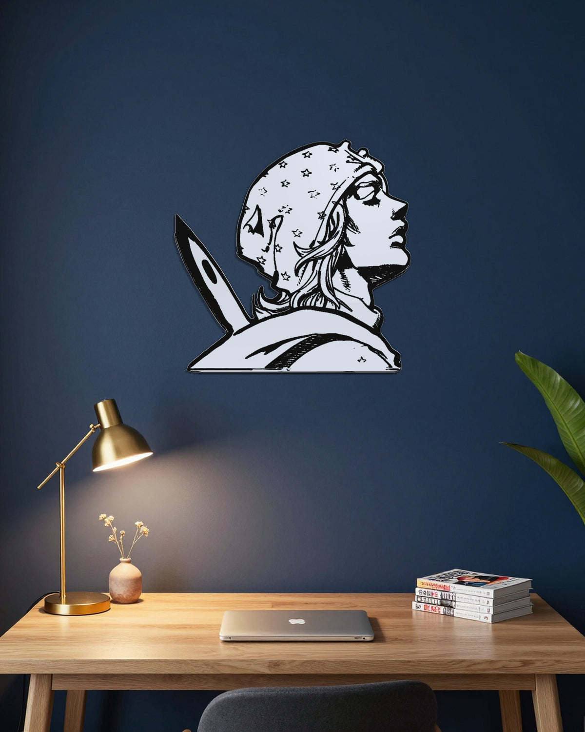 Miroir Johnny gravé, au mur — bureau bleu