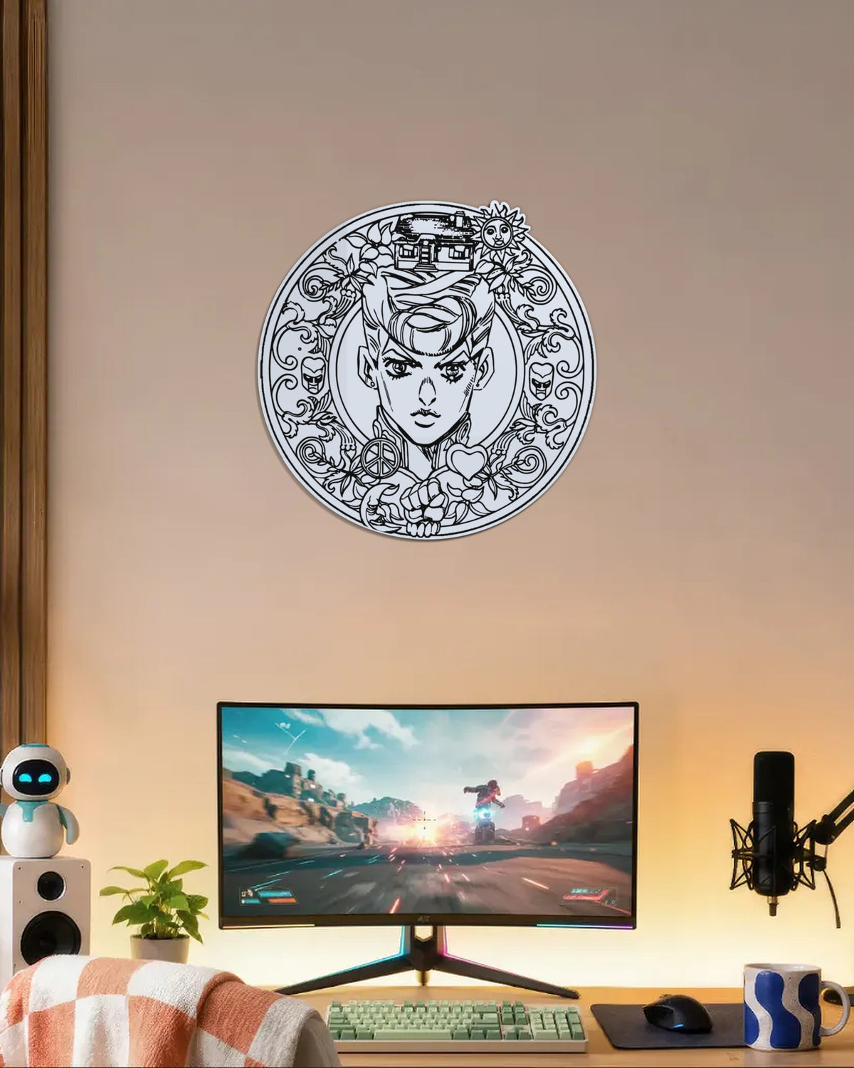Miroir Josuke gravé, au mur — bureau gamer