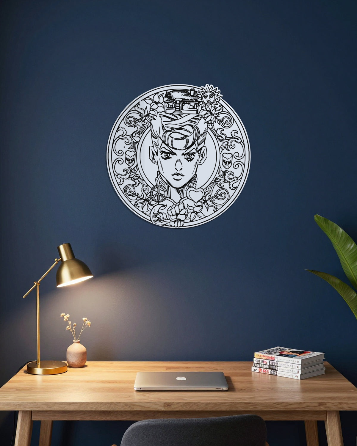 Miroir Josuke gravé, au mur — bureau bleu